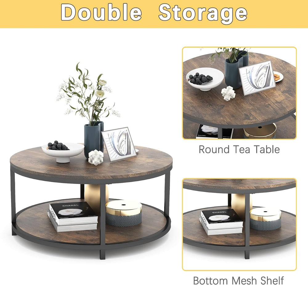 NSdirect 36 inches Round Coffee Table, Rustic Wooden Surface Top & Sturdy...