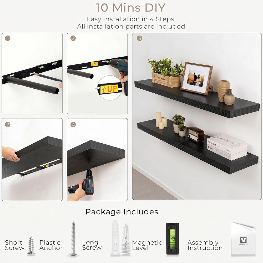 Vivelove 8 Inch Deep Floating Shelves Black, 16 x 8, Set of 2