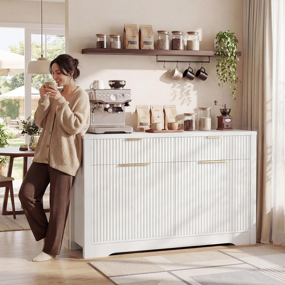 Cyclysio 55" Fluted Sideboard Buffet Cabinet with Drawers (White, 4 Doors)