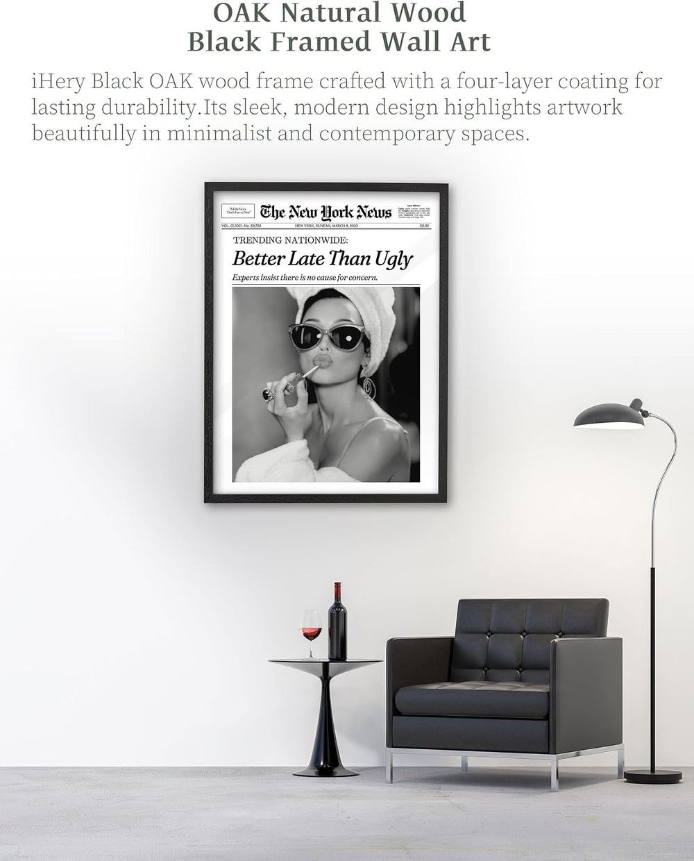 iHery 12x16in Audrey Hepburn Better Late Than Ugly Framed Bathroom Art