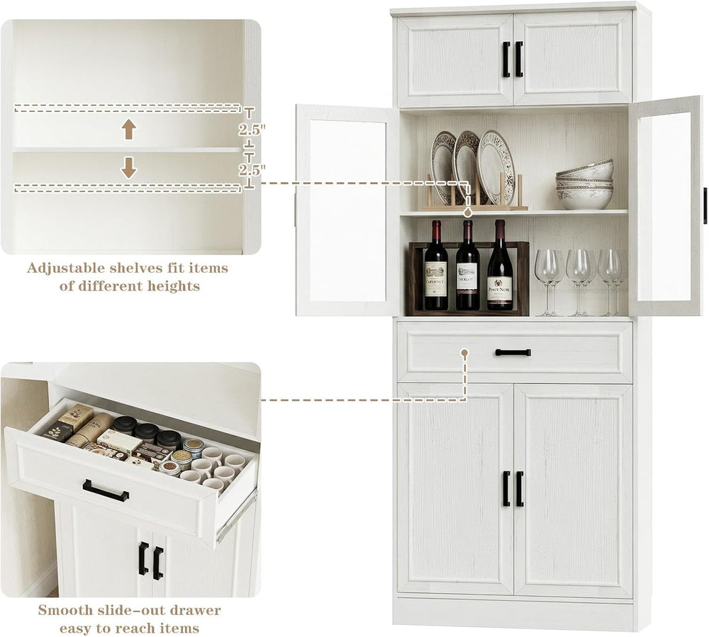 Unikito 80" Kitchen Pantry Cabinet with Glass Doors and Drawer Organizer