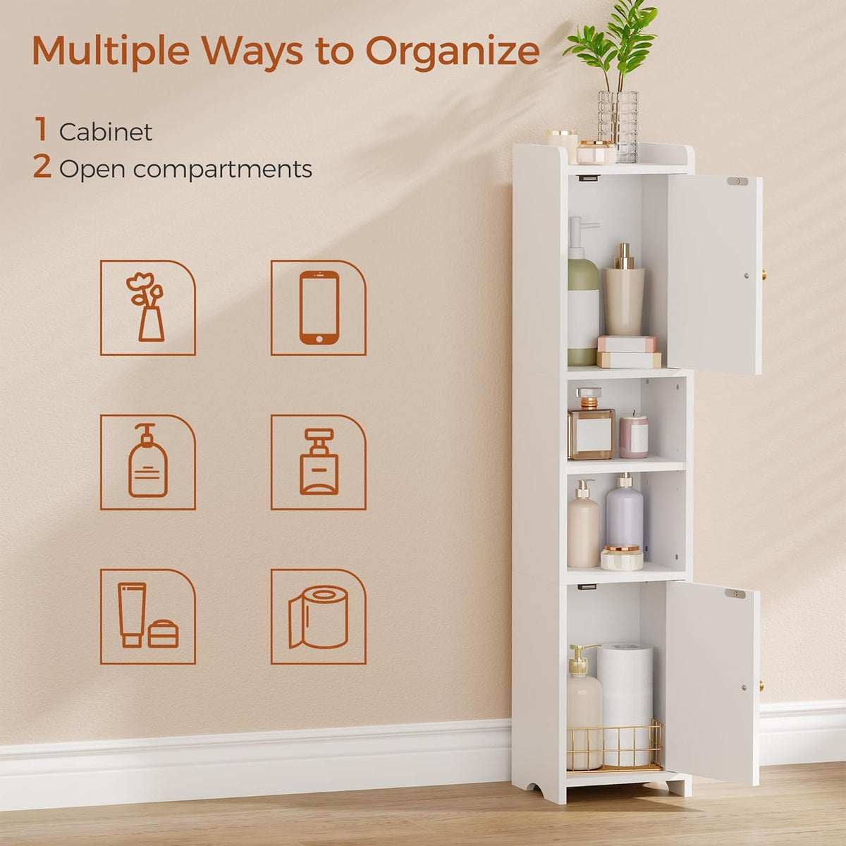 ANWBROAD Slim Bathroom Storage Cabinet Corner Narrow Cabinet with 2 Doors and Adjustable Shelf Freestanding Small Bathroom Organizers and Storage for Small Spaces, Kitchen, Living Room White USBC011W