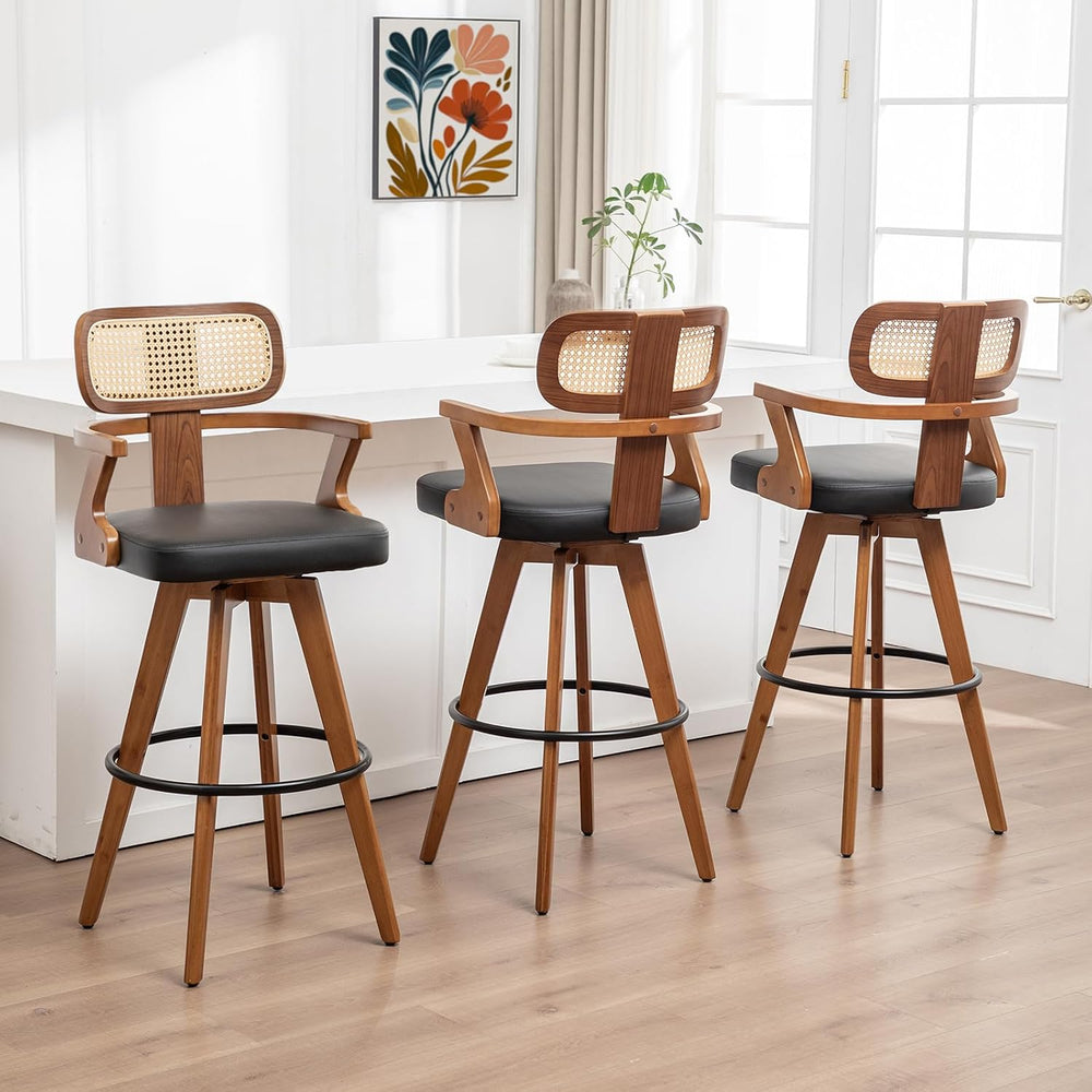 Rattan Bar Stools, 30 inch Mid Century Walnut Bar Stools with Curved Back