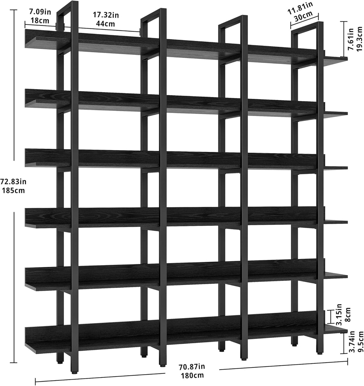 IRONCK Book Shelf Triple Wide Bookshelves 6 Tiers with Back Fence