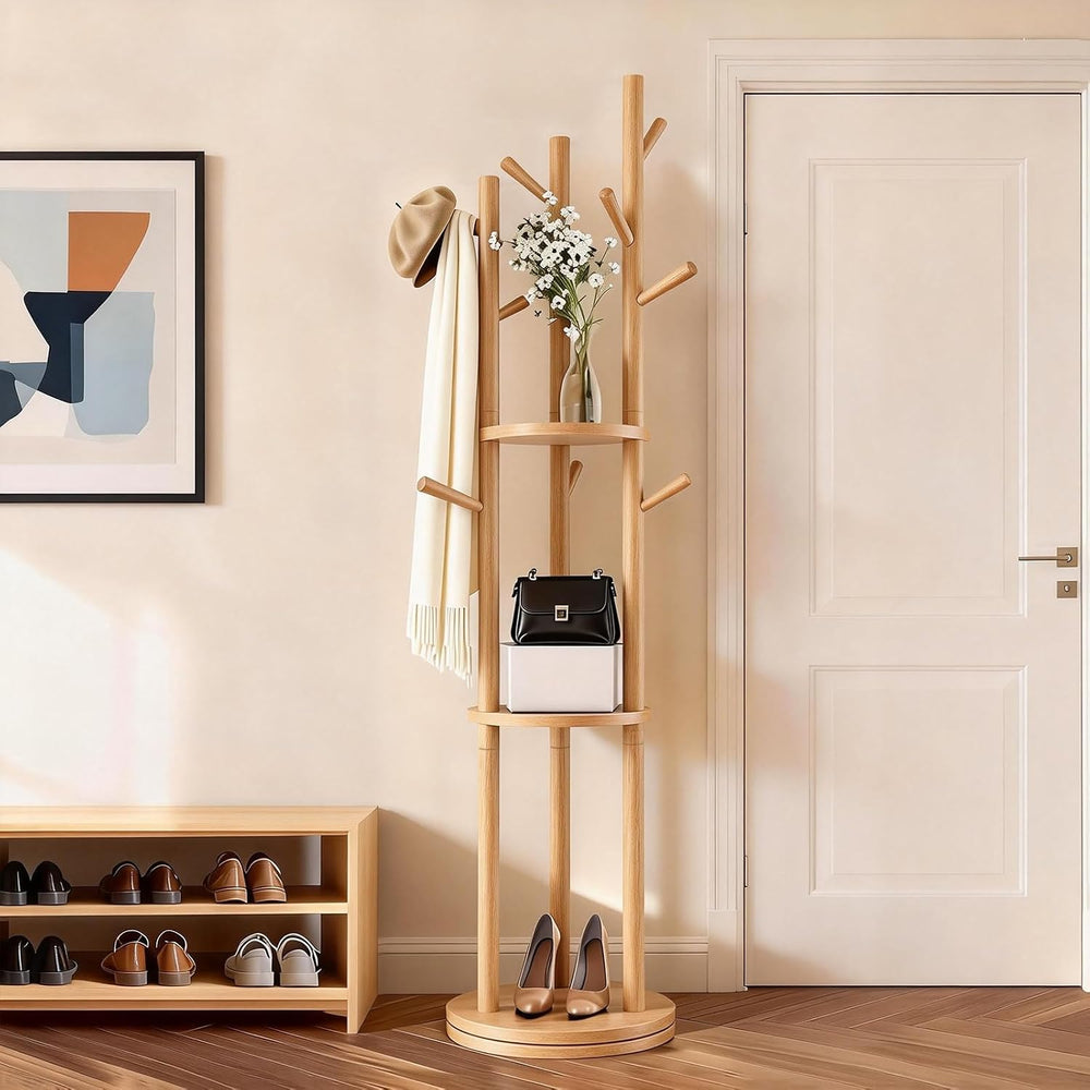 Solid Wood Rotary Coat Rack, Coat Rack Freestanding with 3 Storage Shelves &a...