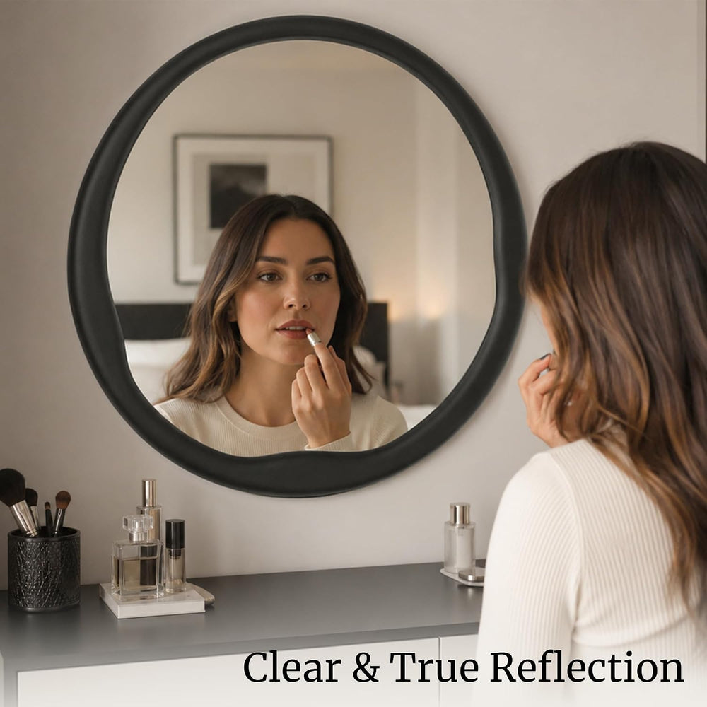 Matte Black 24 Inch Round Wood Wall Mirror, Asymmetrical Inner Edge
