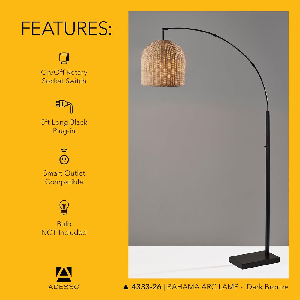 Adesso Floor Lamp, Bronze & Natural Rattan, Coastal Design, 80”