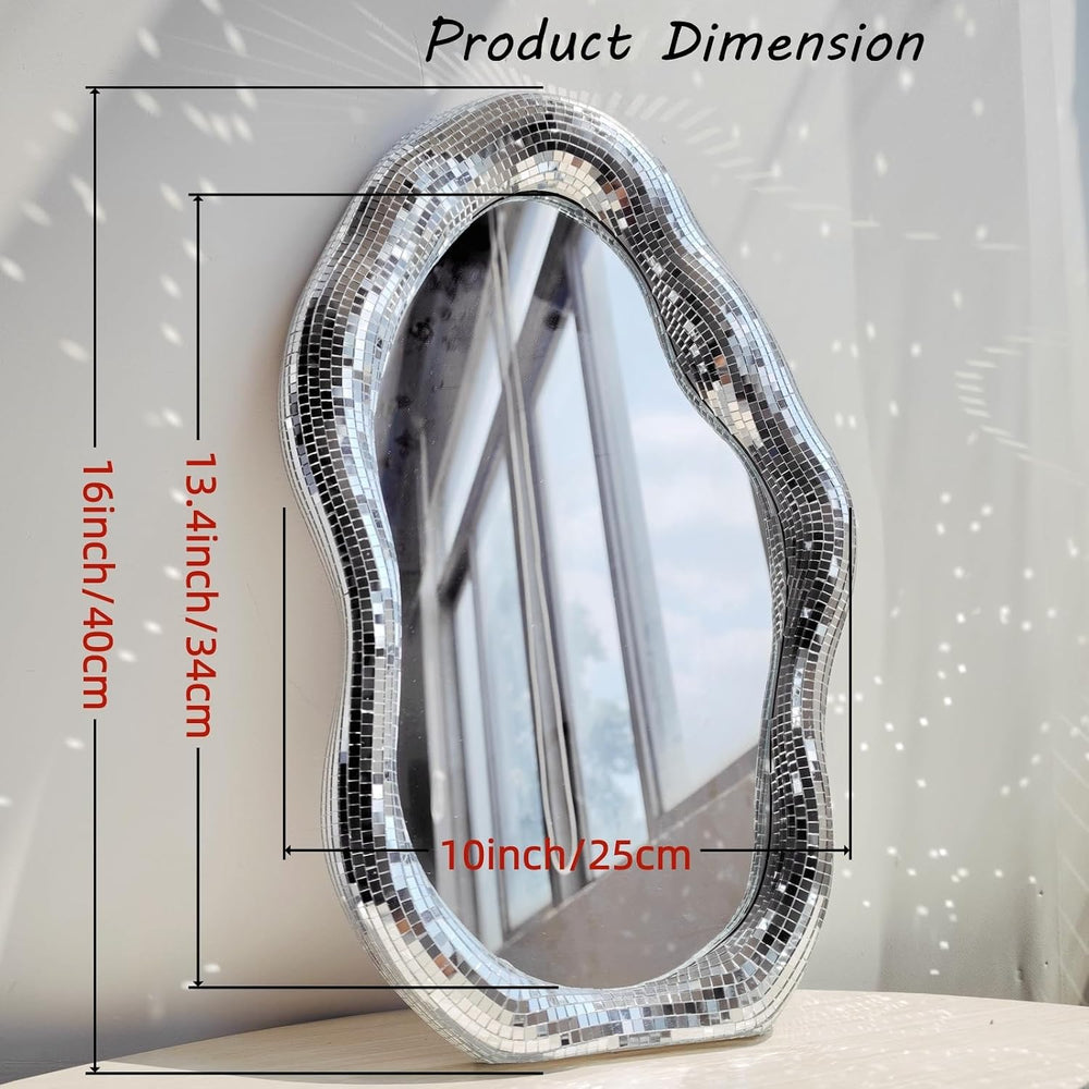 Wavy Disco Mirror, 16in Silver Tabletop Wall Decor with Stand