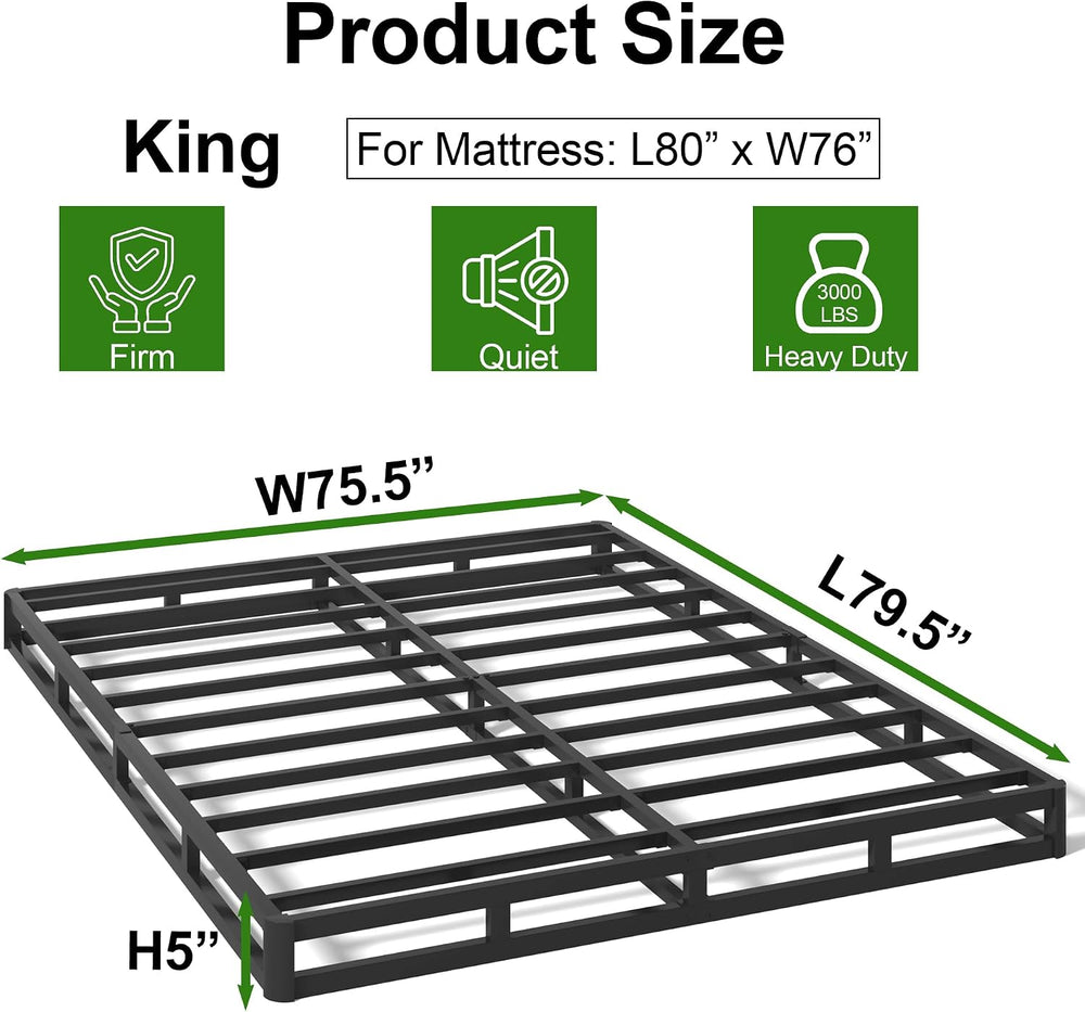 King Box Spring Bed Base, 5 Inch Low Profile, 3000 LBS Heavy Duty Metal Mattr...