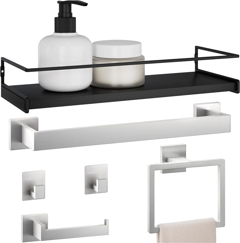 Brushed Nickel Bathroom Hardware Set, 5-Pcs + Shelf & 2 Adhesive Robe Hooks