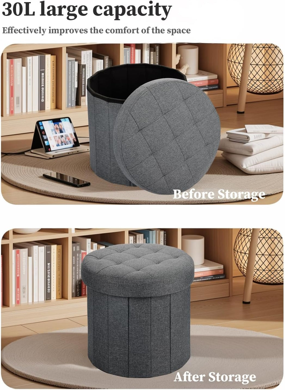 Bsketa Round Storage Ottoman, 14" Folding Linen Foot Stool,Dark Gray 2 Pack
