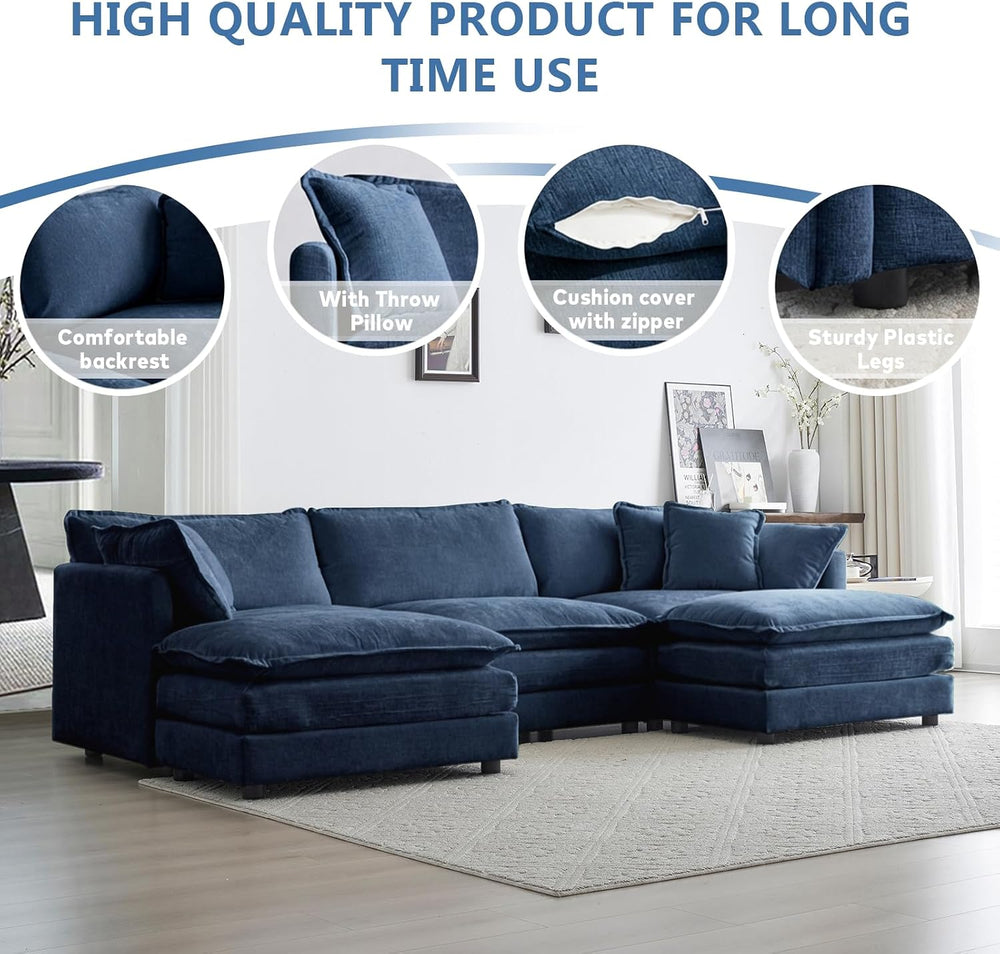 111.5" Modular Sofa 3-Seater Chenille Couch with 2-Ottoman,Blue