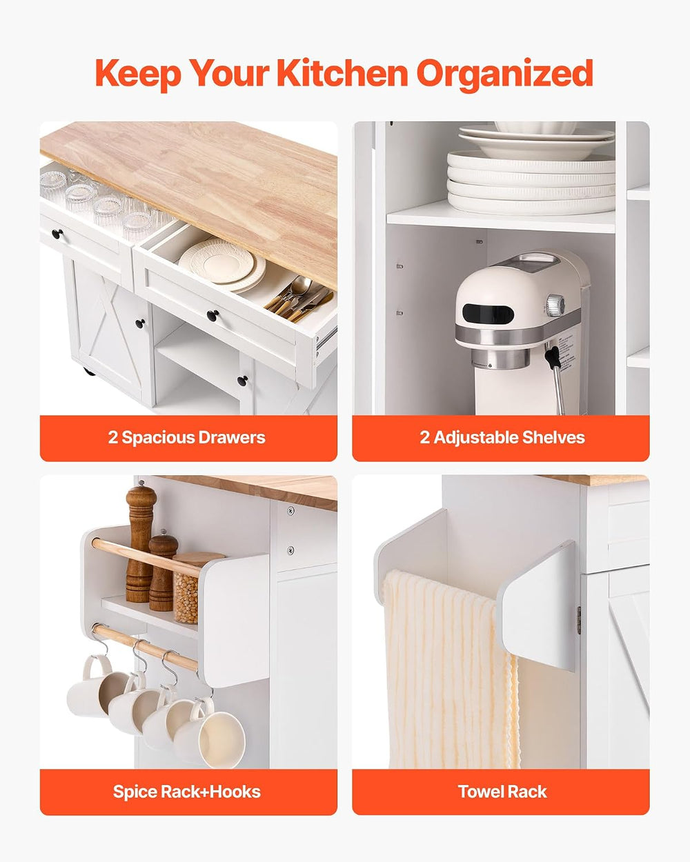 VEVOR Kitchen Island Cart, with Solid Wood Top and Storage Cabinet, Mobile Ro...
