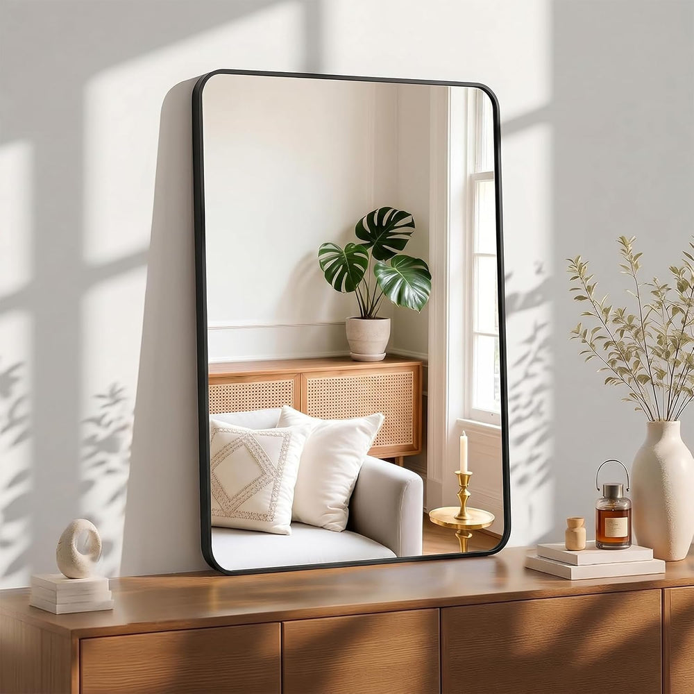 OLIXIS 38x26 Inch Bathroom Wall Mount Mirror with Rounded Rectangle, Black