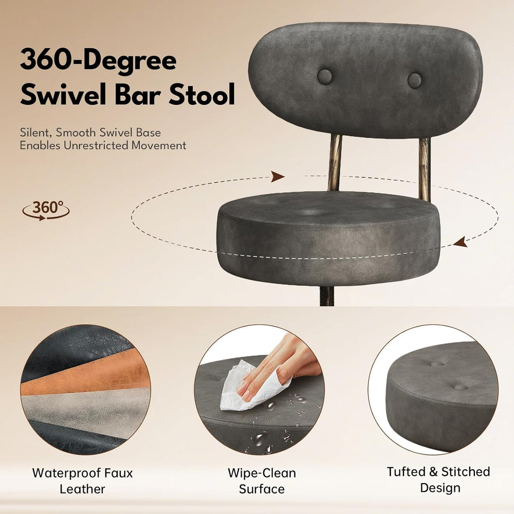 Set of 2 Modern Swivel Bar Stools with Back, Counter Height Chairs Grey