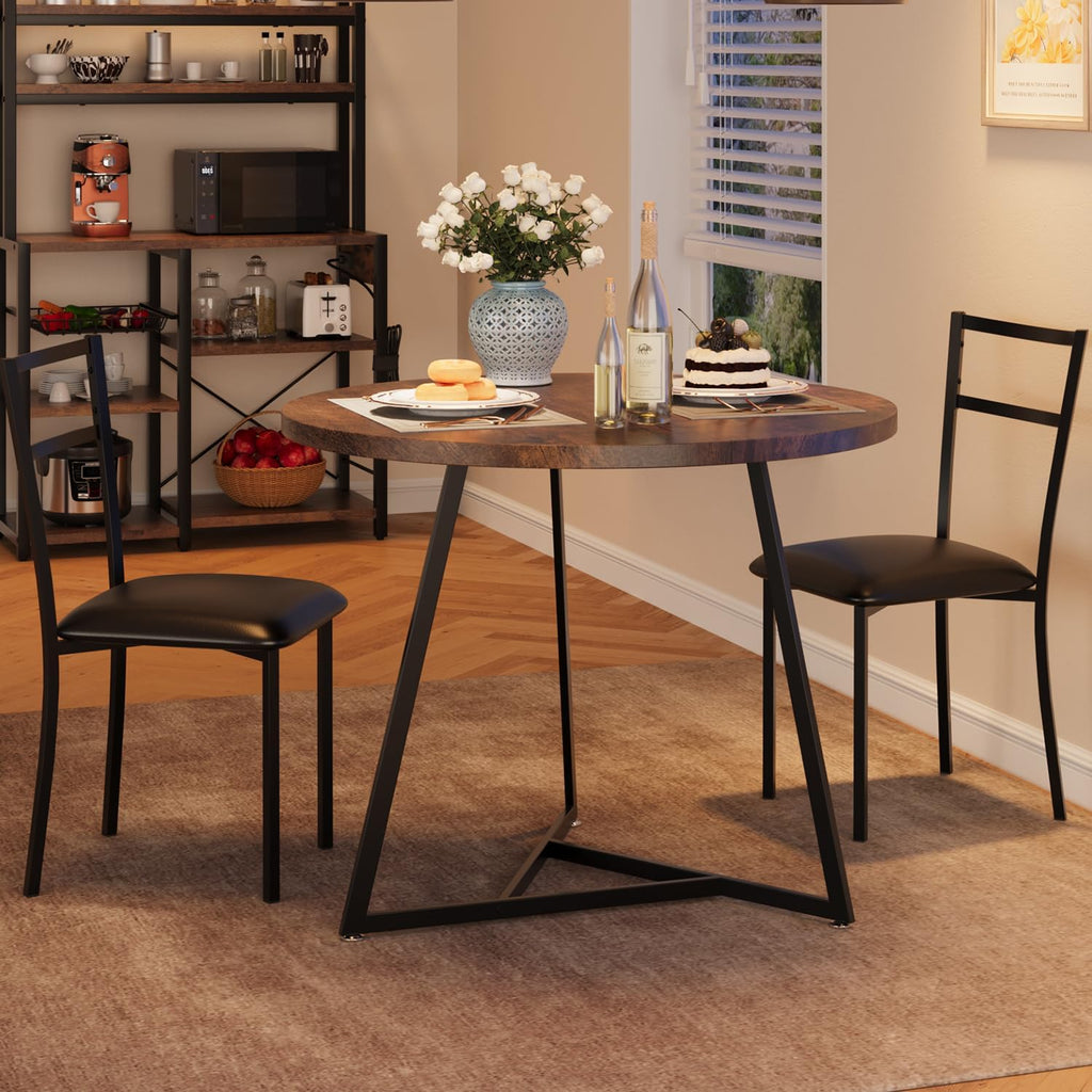 GAOMON Dining Table Set for 2, Kitchen Table and Chairs for 2 with Upholstered Chairs, 3 Piece Dining Room Table Set, Round Kitchen Table Set for Small Space, Apartment, Studio, Rustic Brown