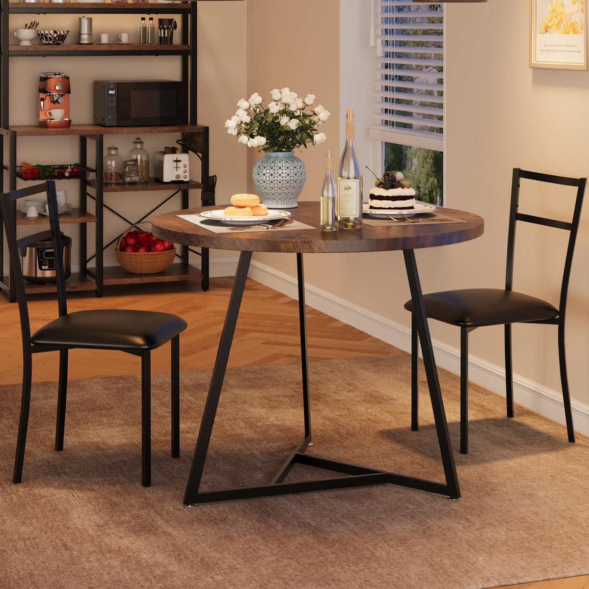 GAOMON Dining Table Set for 2, Kitchen Table and Chairs for 2 with Upholstered Chairs, 3 Piece Dining Room Table Set, Round Kitchen Table Set for Small Space, Apartment, Studio, Rustic Brown