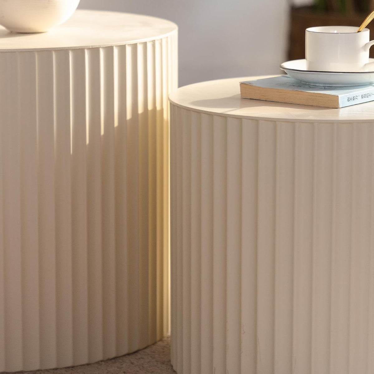 Nesting Round Coffee Table Set of 2, Accent End Table for Small Spaces, Morden Drum Side Table, Wooden Circle Center Table for Living Room, Fully Assembled - Cream White