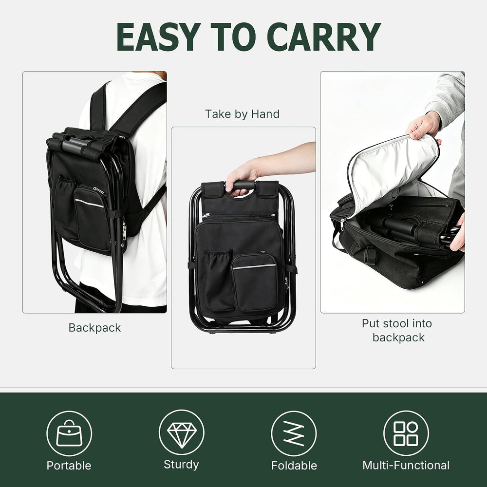 Folding Stool Backpack Cooler, Camping Fishing Chair for Beach, Travel