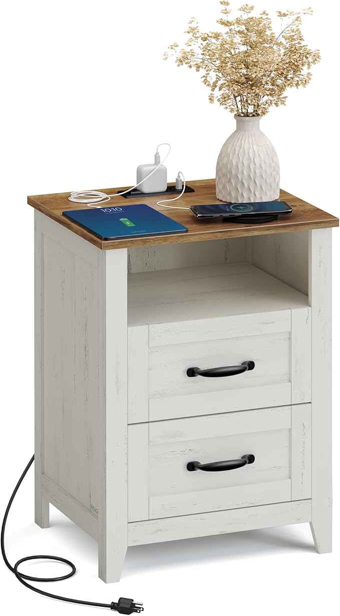 VASAGLE LIRY Collection - Farmhouse Nightstand with Charging Station, Bedside Table, Side Table with 2 Drawers, Open Compartment, for Bedroom, Rustic White and Honey Brown ULET669W0