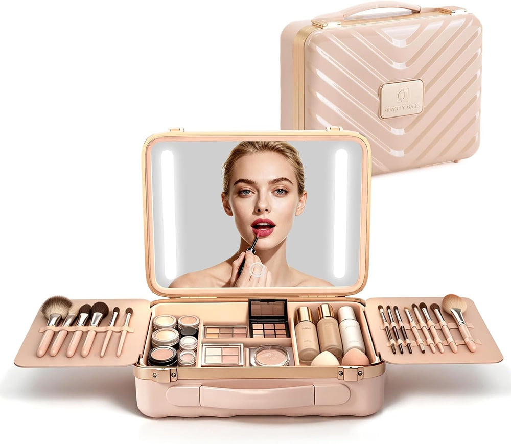 EASYINBEAUTY Makeup Travel Case with LED Lighted Mirror, Pink