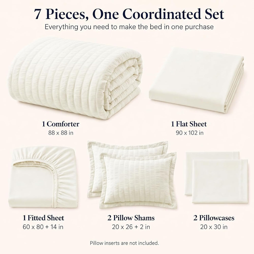CozyLux Queen Comforter Set, 7 Pieces Ivory Seersucker Bed in a Bag