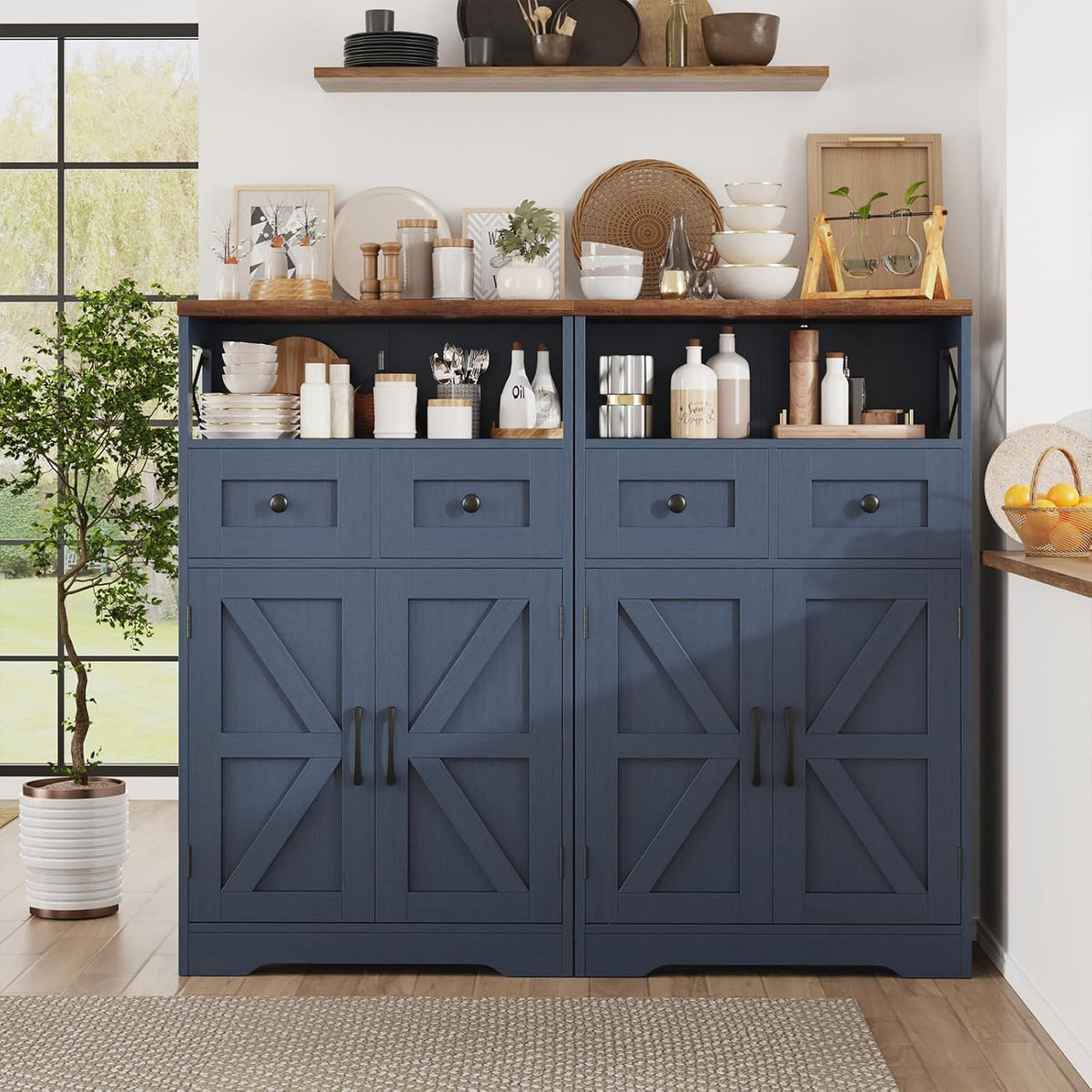 Farmhouse Storage Cabinet with Drawers, Small Kitchen Pantry Cabinet, Blue