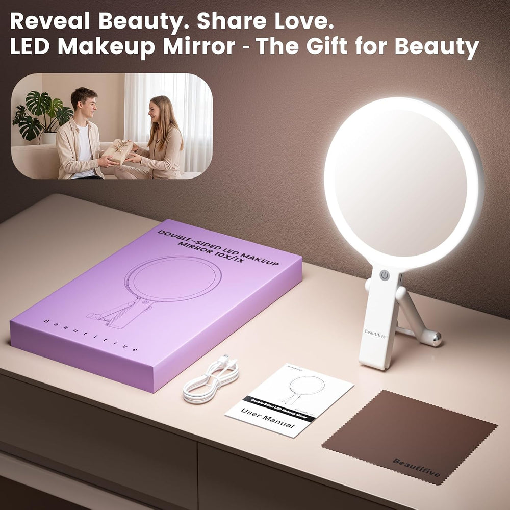 7.5" Large Travel Mirror with Light, Rechargeable 10X/1X Magnifying Mirror