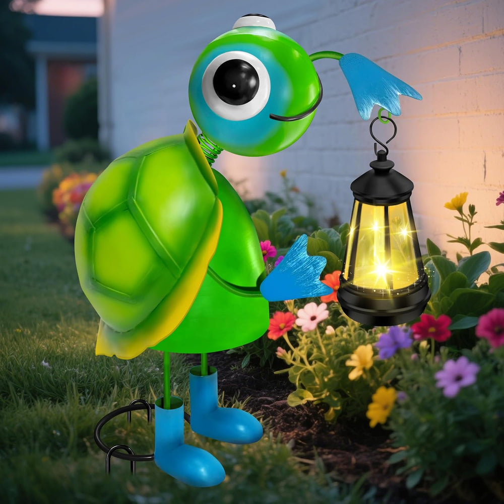 Solar Garden Lights 13.78in Metal Turtle Statue with Solar Lantern Lights