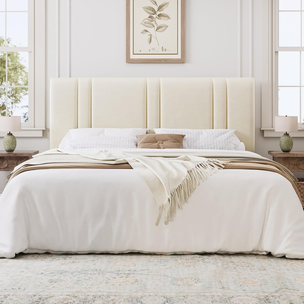 SHA CERLIN King Size Velvet Bed Frame with Adjustable Headboard, Cream