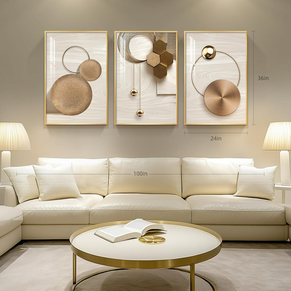 Large Framed Modern Luxury Gold Wall Art for Living Room, 3 Piece 24x36 In
