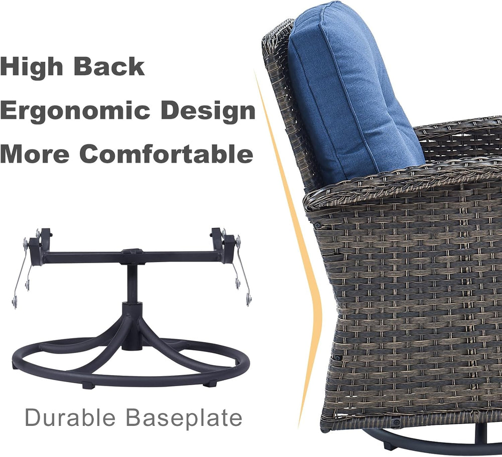HUMMUH 6 Piece Wicker Patio Set, Swivel Rockers & Glider, Brown/Blue