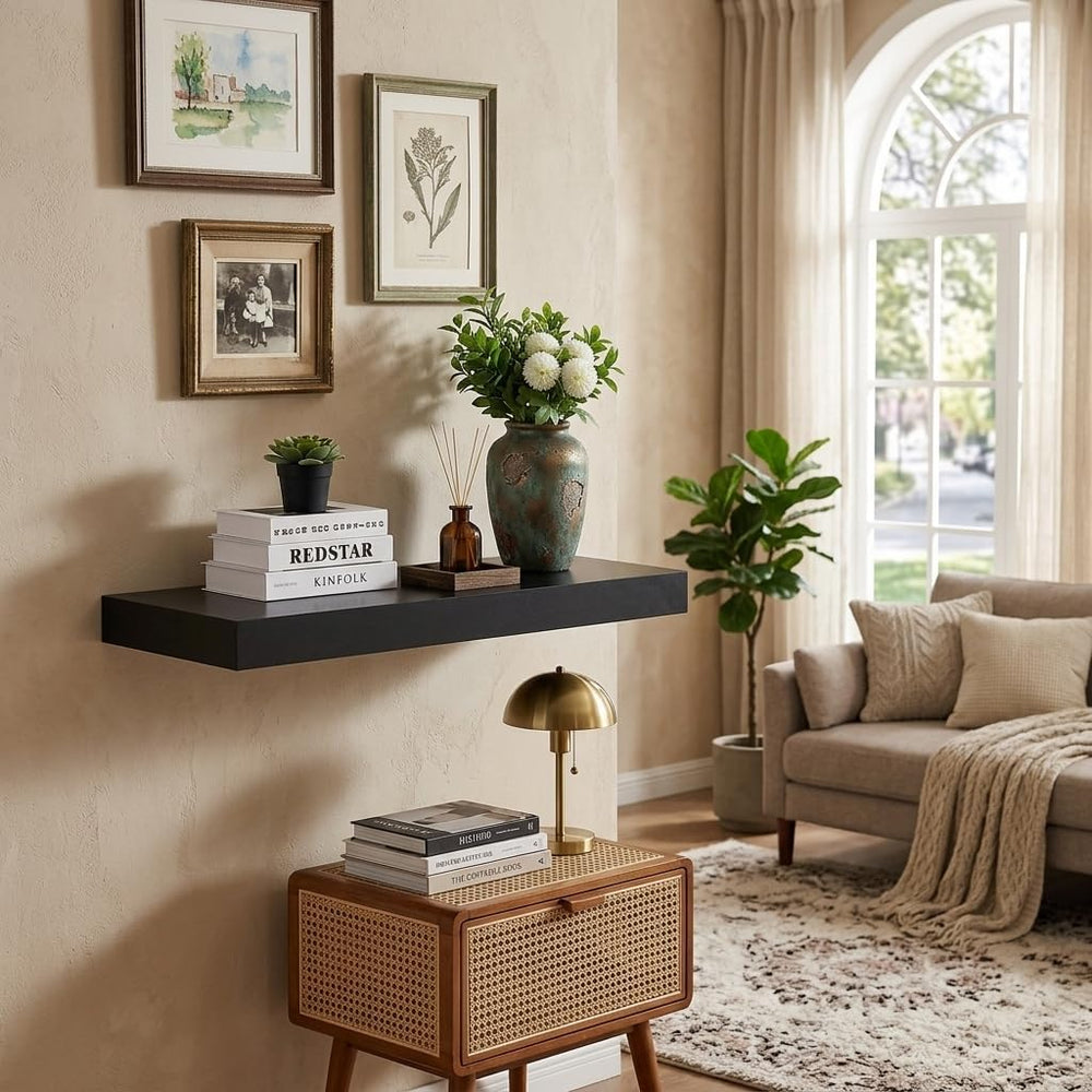 WELLAND 24" Black Floating Shelf for Wall, 12" Deep Bookshelf &...