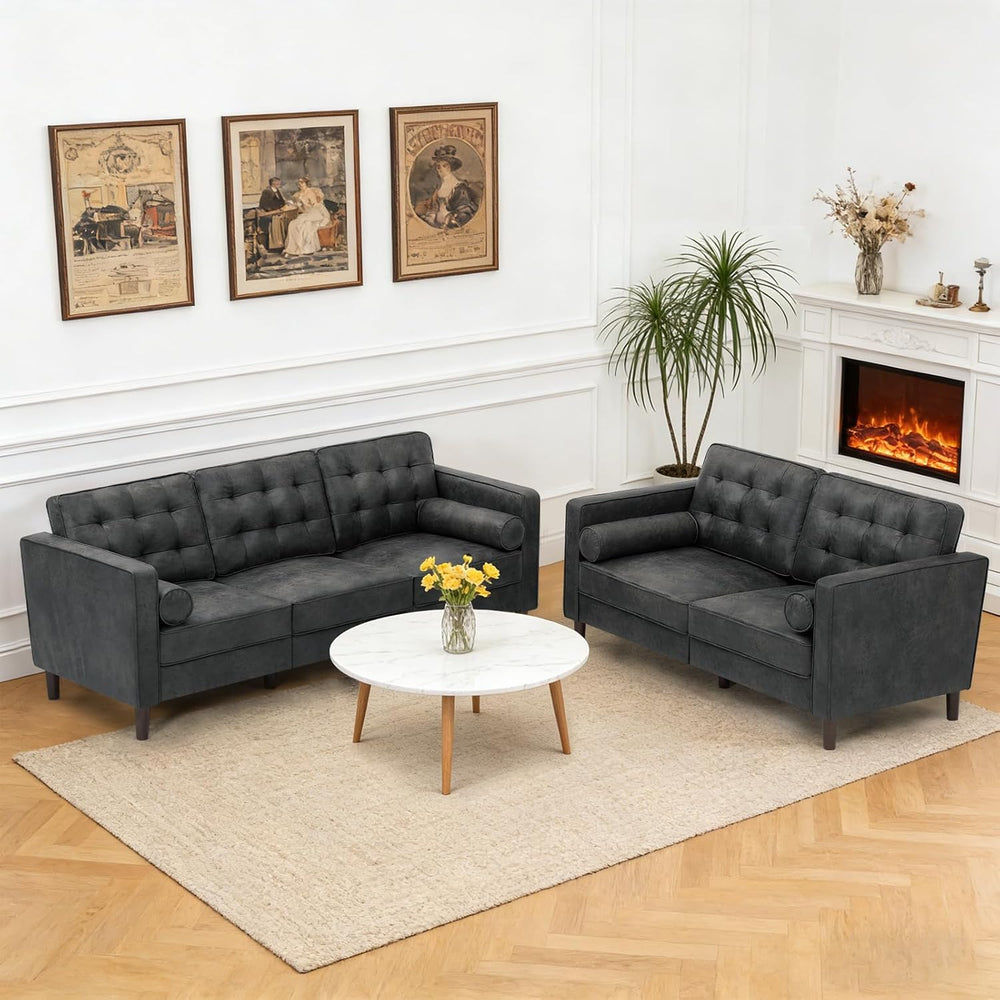 Suede Leather Upholstered Sofa Set with Tufted Backrests, Grey