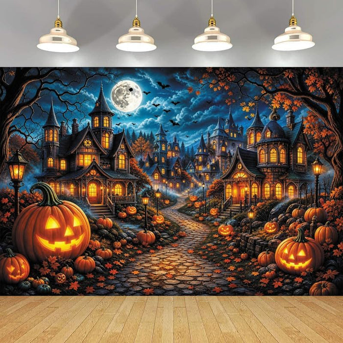 Halloween Spooky Haunted House Backdrop 10x8ft, Full Moon Pumpkin Village Castle Fall Maple Leaves Jack-O'-Lantern Photography Background, Holiday Birthday Party Decorations Banner, Photo Booth Props