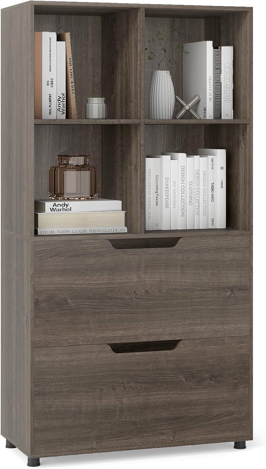 GIANTEX Bookshelf with 4 Cubes & 2 Drawers, 51” Tall Floor Bookcase with Anti-tip Kits, Freestanding Display Rack Storage Organizer for Study, Living Room, Home Office (1, Grey)