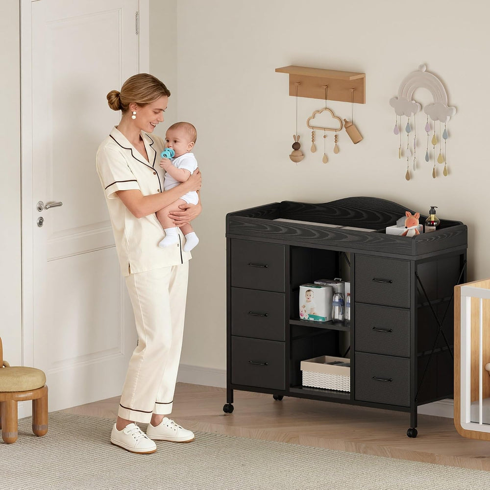 YeTom Changing Table, 6-Drawer Dresser, Adjustable Shelves, Mobile, Black