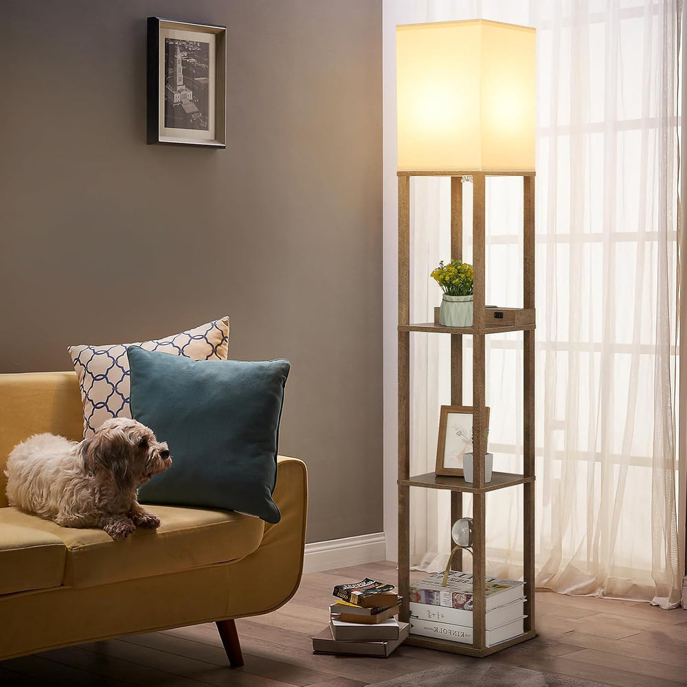 Mlambert Shelf Floor Lamp with Wireless Charger, USB, Type C, AC Port, Wood