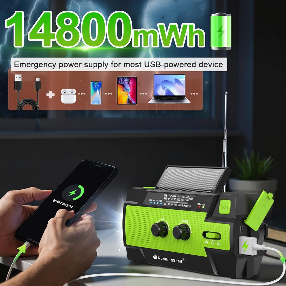 RunningSnail Emergency Crank Radio with 3-Mode Flashlight & Reading Lamp