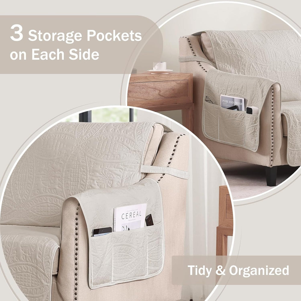 Beige Quilted Recliner Chair Covers, Water-Repellent Recliner Slipcovers, Laz...