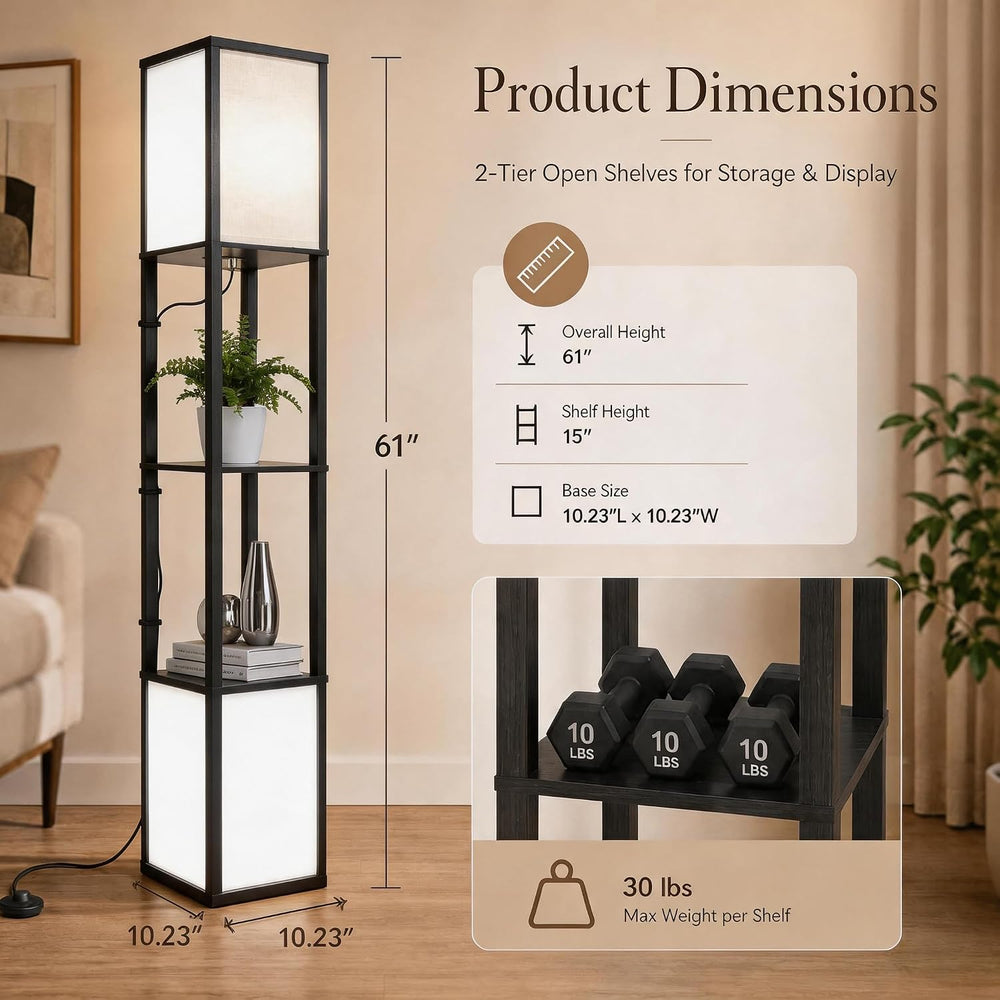 Dual Head Floor Lamp with Shelves, Dimmable, Remote, for Living Room