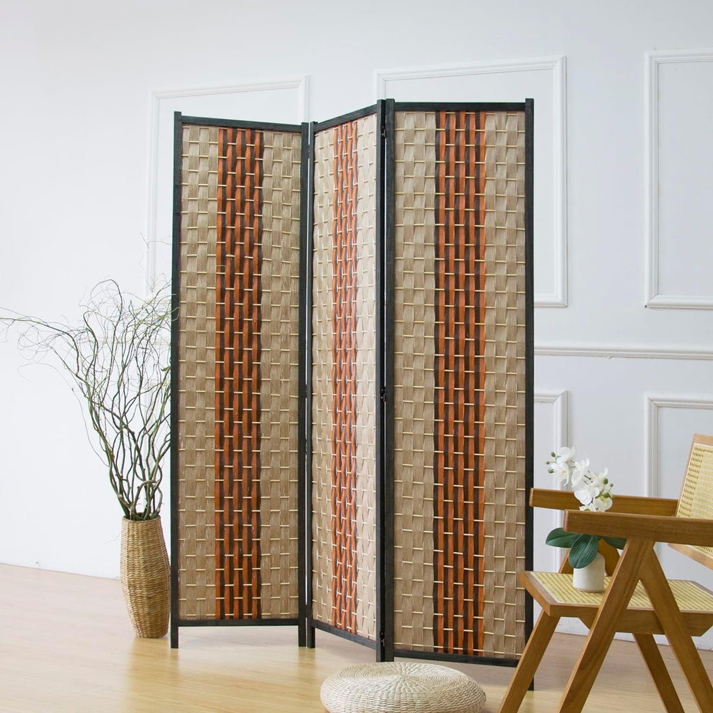 Furnnylane 3 Panel Rattan Room Divider, Beige Orange Folding Privacy Screen