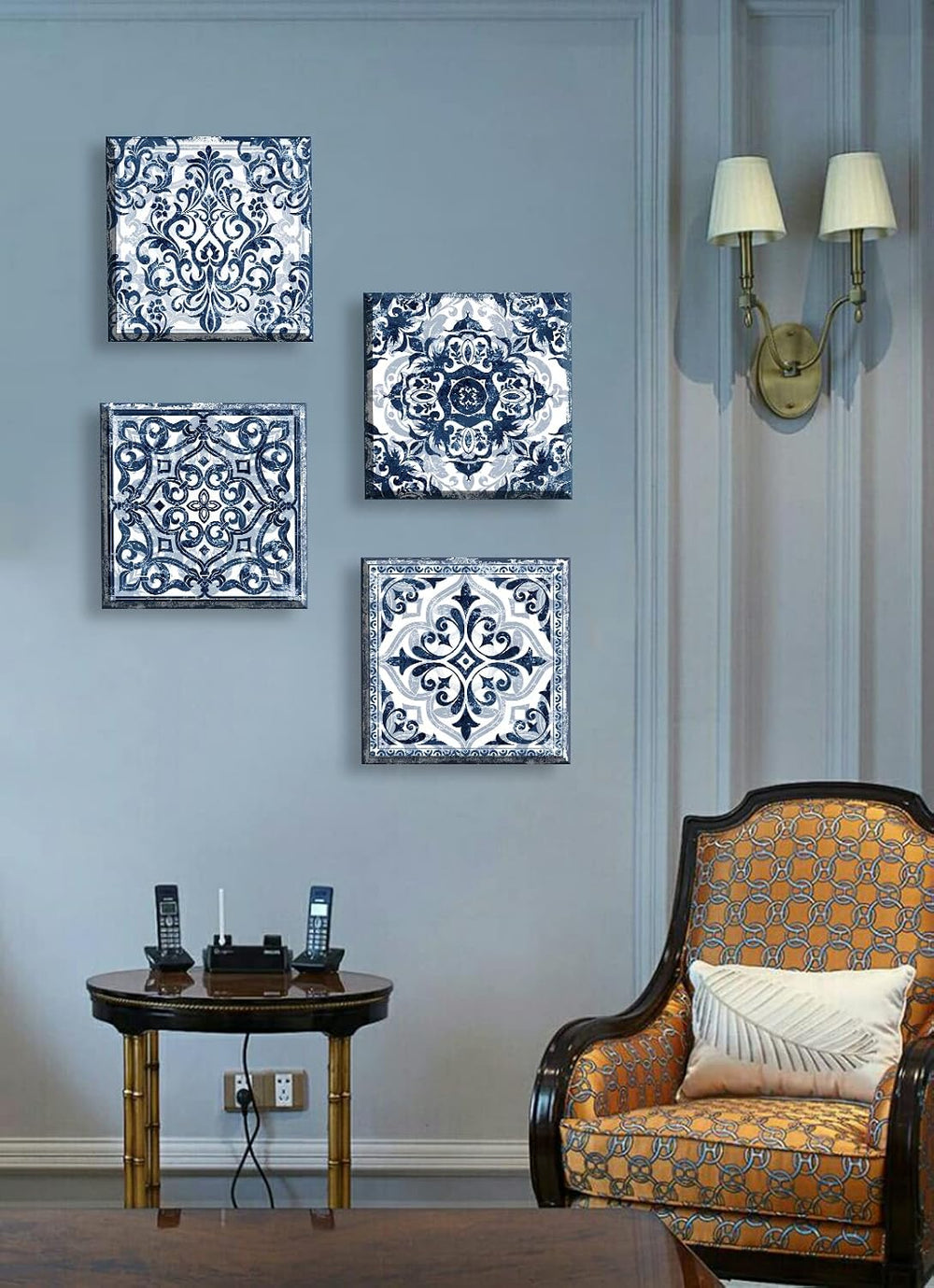Bathroom Wall Decor Navy Blue Flower Paintings Canvas, 12"Wx12"Hx4 pcs