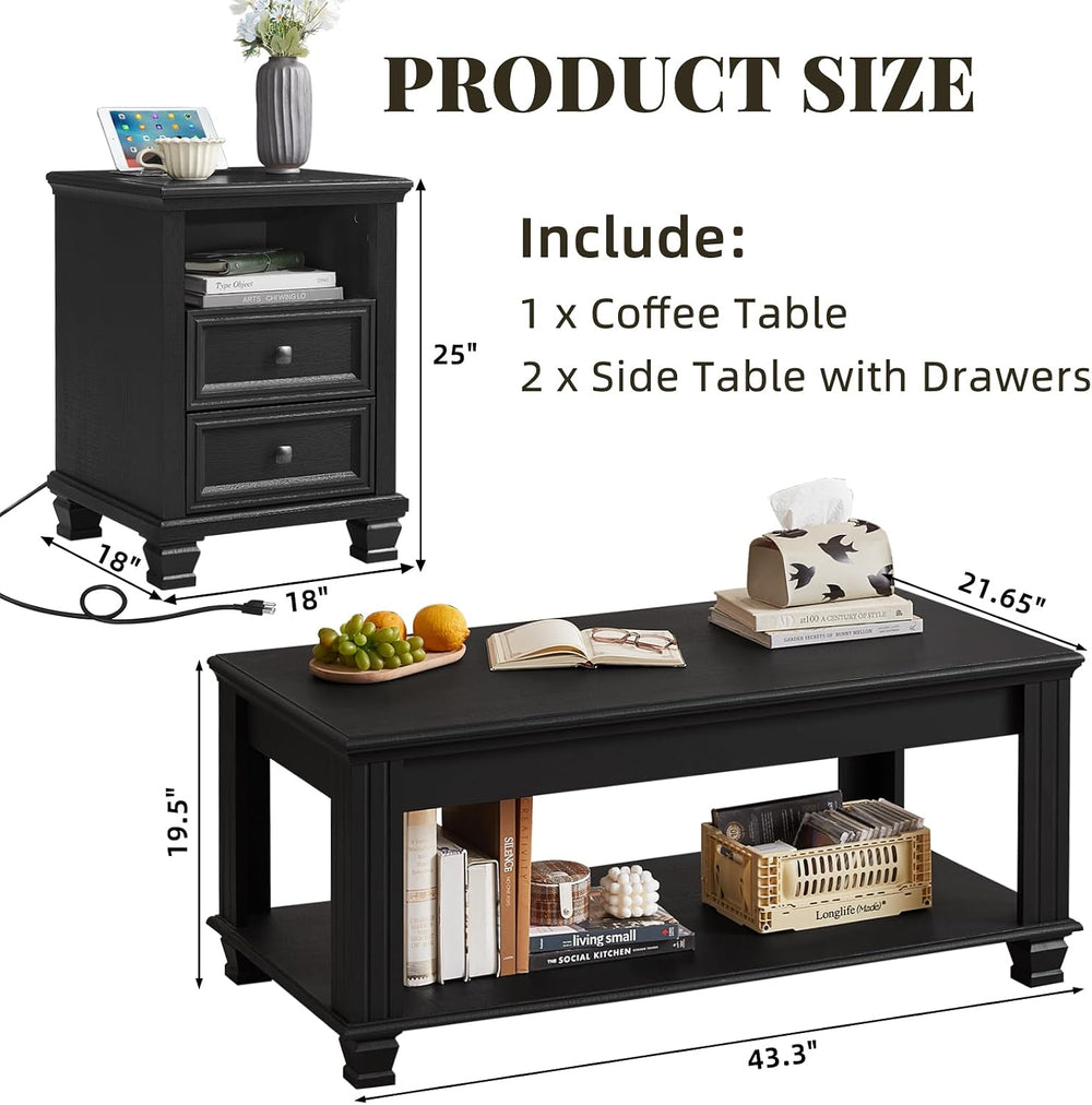 SAVOR LIFE Farmhouse Coffee and End Table Sets, Black