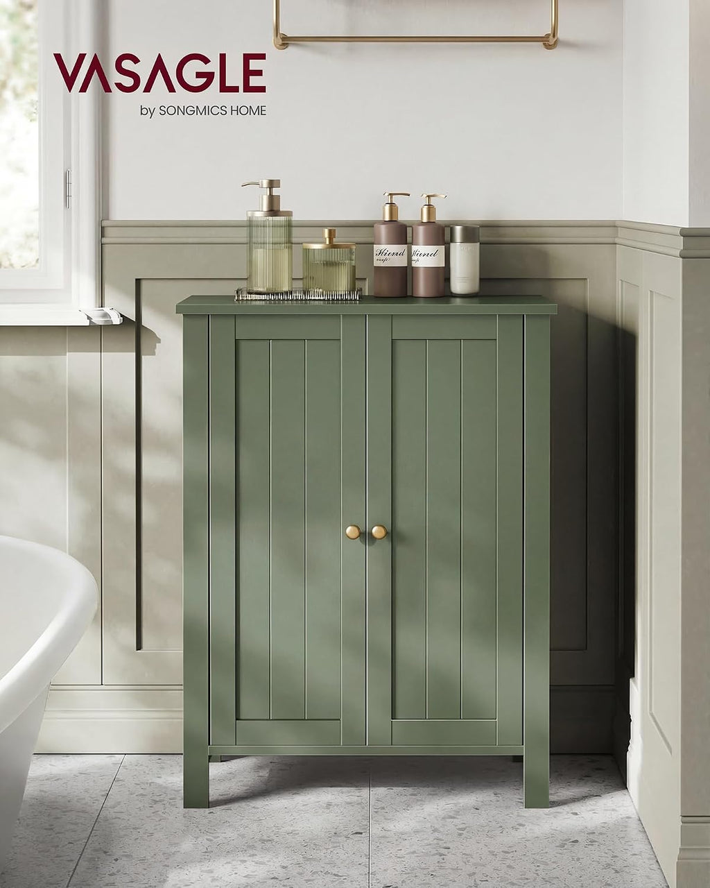 VASAGLE Bathroom Floor Storage Cabinet, 2 Adjustable Shelves, Forest Green