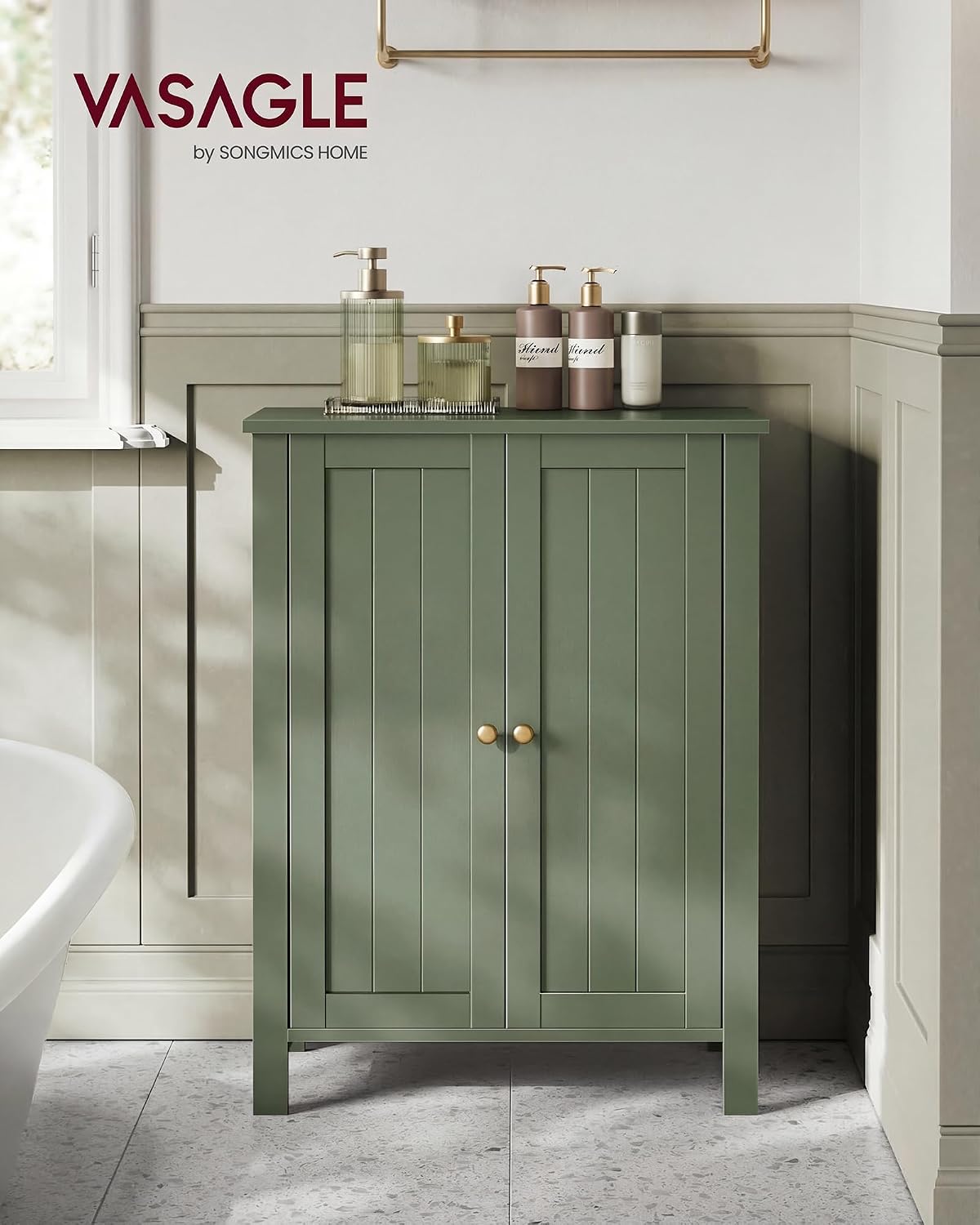 VASAGLE Bathroom Floor Storage Cabinet, 2 Adjustable Shelves, Forest Green