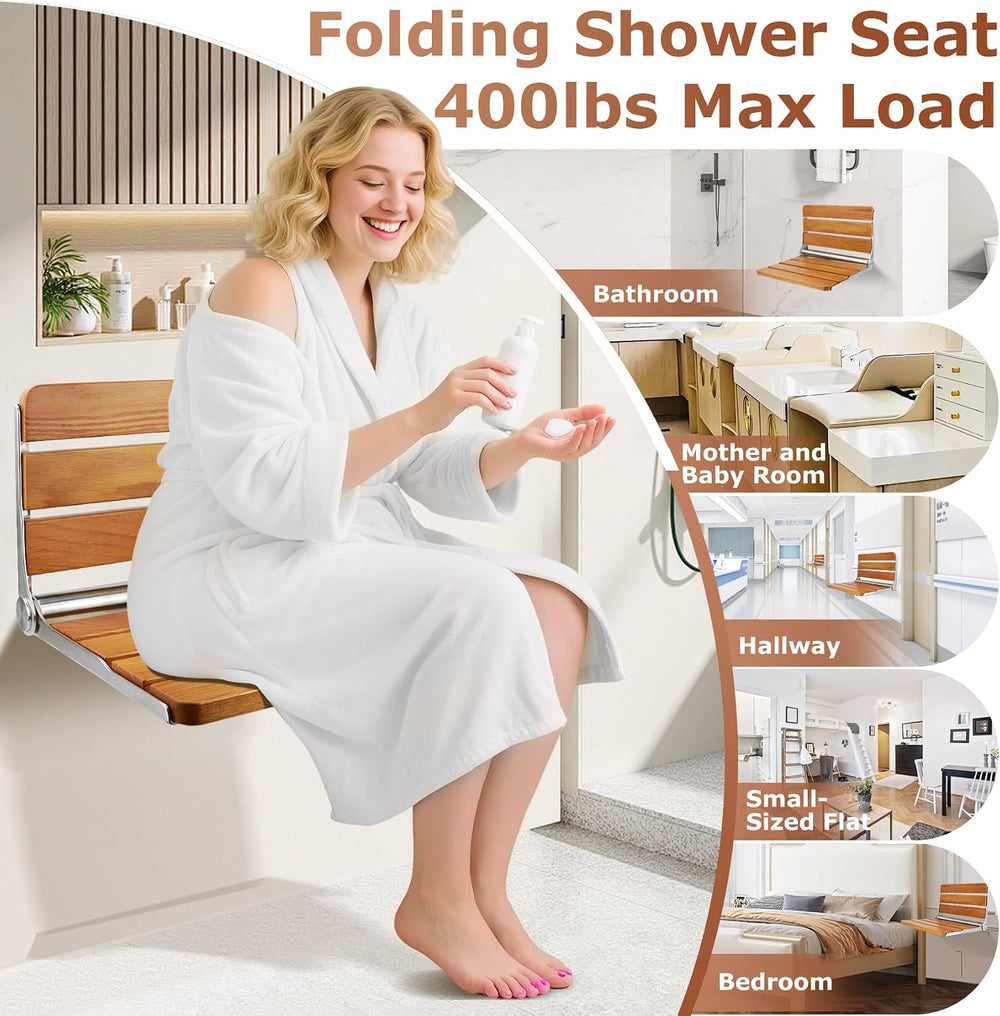 Foldable Shower Seat Wall Mounted 16 in Wide, Teak Bench for Small Shower