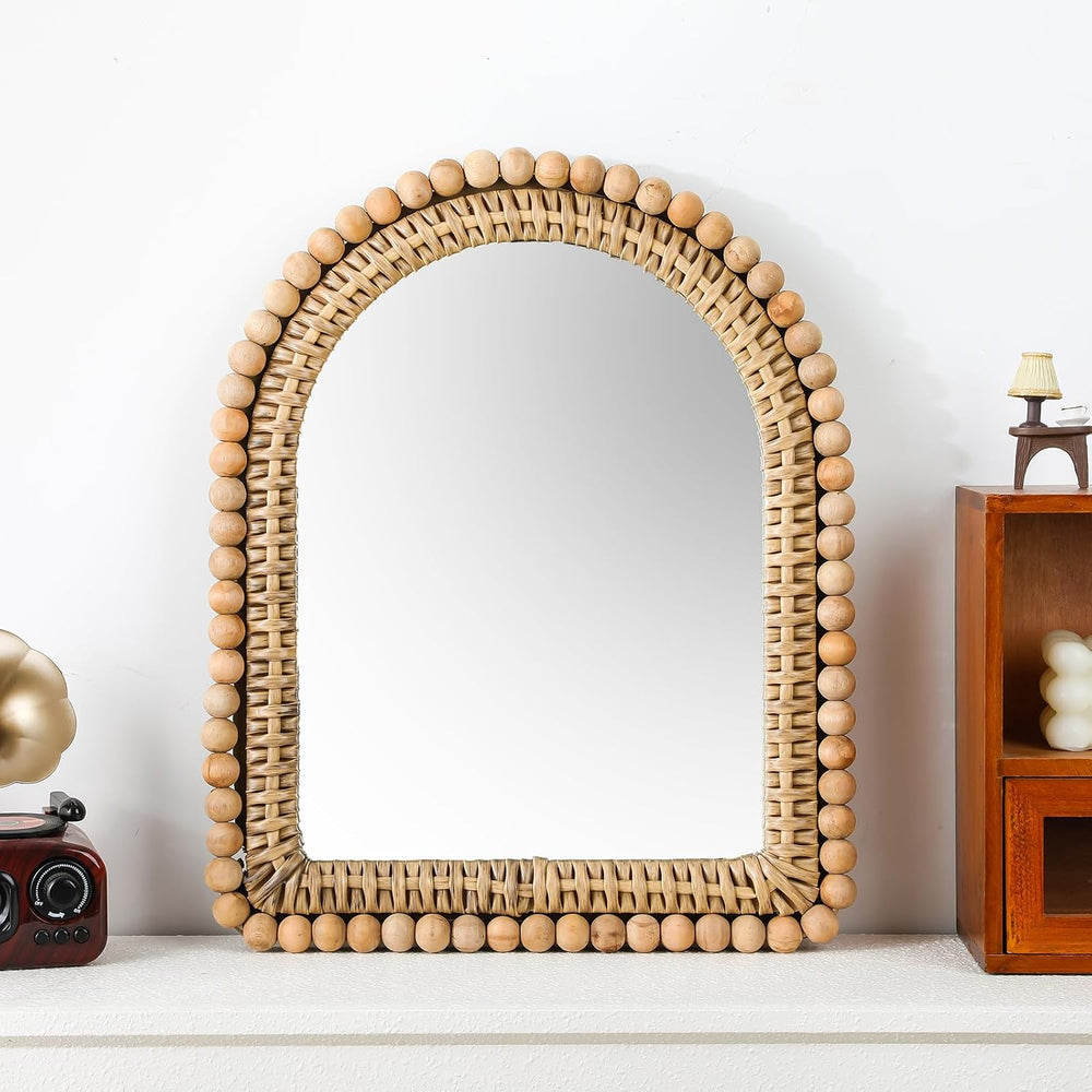 13 x 16 Inch Small Boho Rattan Arch Mirror for Wall Decor