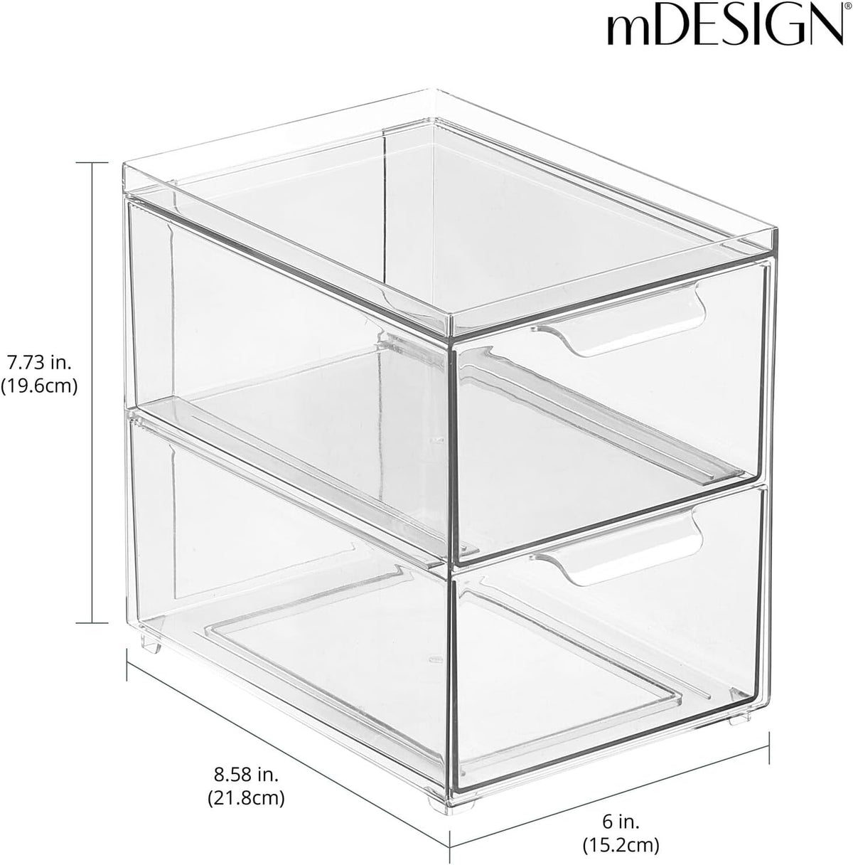 mDesign Stackable Storage Containers Box with 2 Pull-Out Drawers - Stacking Plastic Drawer Bins for Closet Organization, Linen, Coat, Bedroom or Entryway Closets - Lumiere Collection - 2 Pack - Clear
