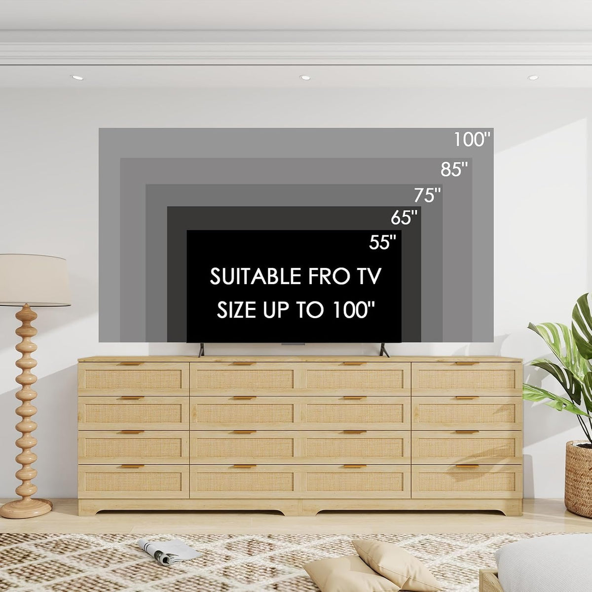 HOPUBUY Living Room Table Sets, Boho Large Drawer | Natural,Rattan TV Stand Console Table for Hallway, Bedroom